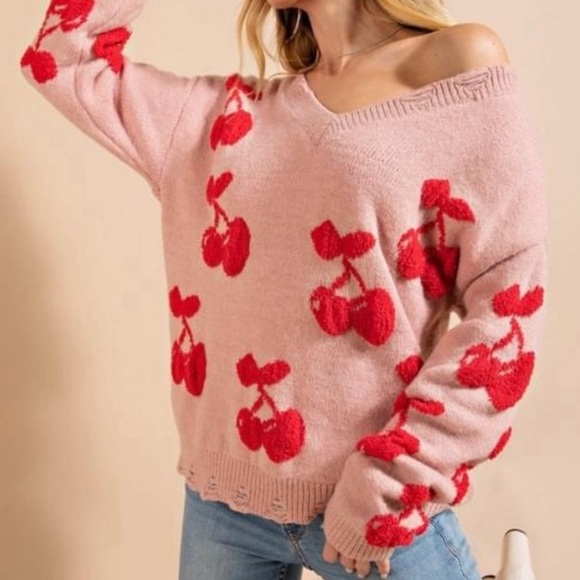BaeVely Sweaters - Pink & Red Cherry Sweater